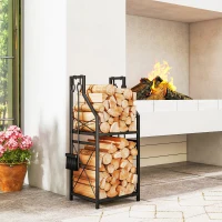 Outsunny Firewood Rack with 4 Fireplace Tools, 2-Tier Metal Log Holder with Hooks, 132 lbs Capacity for Indoor Outdoor, Black(m-8)