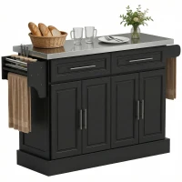 HOMCOM Rolling Kitchen Island with Storage and Stainless Steel Top, Kitchen Trolley with Drawers, Cabinets, Towel Rack(m-16)