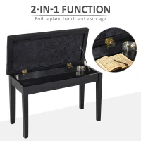 HOMCOM Classic Piano Bench Stool, PU Leather Padded Keyboard Seat with Rubber Wood Legs and Music Storage Compartment, Banded Seat, Black(m-4)