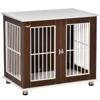 PawHut 34'' Wooden Dog Cage, Modern Wire Dog Crate, Pet Kennel with Door, Lock, Adjustable Foot Pads, for Small and Medium Dogs, Coffee and White(m-2)