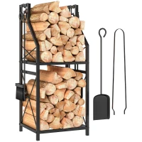 Outsunny Firewood Rack with 4 Fireplace Tools, 2-Tier Metal Log Holder with Hooks, 132 lbs Capacity for Indoor Outdoor, Black(m-9)