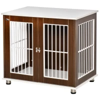 PawHut 34'' Wooden Dog Cage, Modern Wire Dog Crate, Pet Kennel with Door, Lock, Adjustable Foot Pads, for Small and Medium Dogs, Coffee and White(m-11)