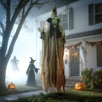 Outsunny Animatronics Hanging Witch, Voice-Activated Prop, Flashing Eyes & Wicked Laughter, Scary Halloween Decoration, Green(m-8)