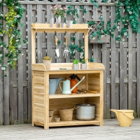 Outsunny Potting Bench Table, Wooden Garden Workstation Bench with Galvanized Metal Tabletop, Storage Shelves and Hooks for Patios, Courtyards, Balcony