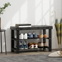 HOMCOM Bamboo Shoe Storage Bench, 3-Tier Entryway Bench with 2 Storage Shelves for Hallway, Holds 6 Pairs, Black(m-1)