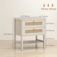 HOMCOM Set of 2 Boho Bedside Tables, Rattan Nightstands with 2 Drawers, Storage Shelf, End Side Tables for Bedroom, White Oak(m-3)