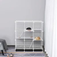 PawHut Small Animal Playpen C&C Cage Wire Bunny Pen for Kitten, Chinchillas, with Doors, Ramps and Trays, White(m-10)