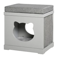 PawHut Wooden Cat Bed Cube House with Soft Padded Cushions, 2 Exterior Scratching Boards, & Interior Space, Grey(m-11)