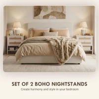 HOMCOM Set of 2 Boho Bedside Tables, Rattan Nightstands with 2 Drawers, Storage Shelf, End Side Tables for Bedroom, White Oak(m-4)