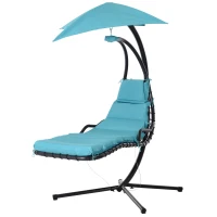 Outsunny Single Floating Chaise Lounge Curved Outdoor Porch Swing Chair Hanging Hammock Reclining Seat w/Arc Stand & Canopy Blue(m-2)
