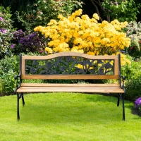 Outsunny 50" 2-Seater Garden Bench Chair, Loveseat for Yard, Lawn, Porch, Patio, Cast Iron/ Wooded, Natural(m-8)