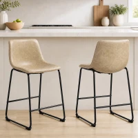 HOMCOM Counter Height Bar Stools Set of 2, Vintage PU Leather Bar Chairs, Kitchen Stool with Footrest, Beige(m-1)