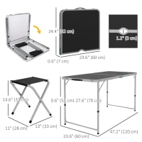 Outsunny Folding Picnic Table Camping Table and Chairs Use for BBQ Picnic Garden Parties 47.2" L x 23.6" W x 21.7" -27.6" H Black(m-3)