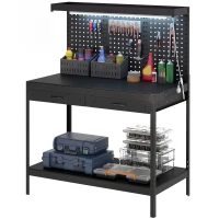 HOMCOM Workbench with LED Light and Power Strip, 43" Heavy Duty Work Table with Pegboard and Drawers for Garage Workshop, Black(m-13)