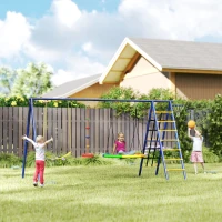 Qaba 6 in 1 Kids Swing Set with 1 Saucer Swing, 1 Belt Swing, 1 Disc Rope Swing, Climbing Ladder and Net, Basketball Hoop(m-1)