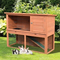 PawHut 48" L Wooden Rabbit Hutch Pet Playpen 4 Door House Enclosure with Ramp, for Rabbits and Small Animals, Natural Wood(m-10)