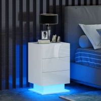 HOMCOM Modern LED Nightstand Bedside Table with Adjustable Colour Lighting & 3 Drawers, APP Control, Glossy White(m-1)