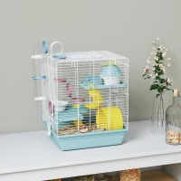 PawHut 3-Level Hamster Cage with Exercise Wheel, Play Tube, Water Bottle, Food Dish, Hut, Ladder, Blue(m-1)
