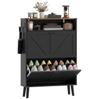 HOMCOM Shoe Storage Cabinet with 2 Flip Drawers, Farmhouse Narrow Shoe Cabinet, Holds Up to 16 Pairs, Black(m-9)