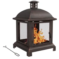 Outsunny Wood-Burning Fire Pit, Chimney Style Firepit with Poker, 26" x 26", Black(m-9)