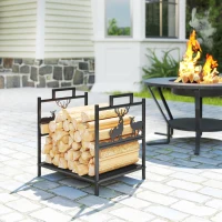 Outsunny Heavy Duty Log Stand, Firewood Rack Outdoor with Handles, Wood Storage Holder for Fireplace, Black(m-8)