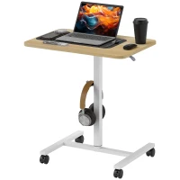 HOMCOM Height Adjustable Standing Desk, Pneumatic Sit Stand Desk with Wheels and Headphone Hook, Natural Wood Grain(m-9)