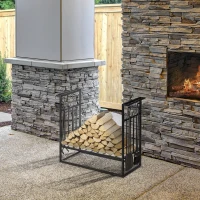HOMCOM 29.5" x 11.75" x 23.5" Heavy Duty Firewood Wood Log Rack Vintage Design Firewood Storage Shelf w/ 4 Tools, Black(m-1)