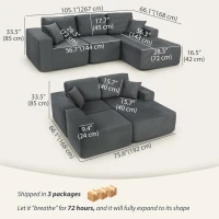 HOMCOM 2-in-1 Modular Sectional Sofa, Boneless L Shaped Couch Sofa Bed, Dark Grey(m-3)