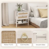 HOMCOM Set of 2 Boho Bedside Tables, Rattan Nightstands with 2 Drawers, Storage Shelf, End Side Tables for Bedroom, White Oak(m-6)