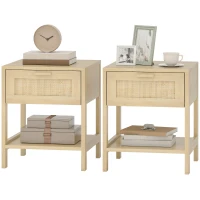 HOMCOM Narrow Nightstand with Rattan Elements, Bedside Table with Drawer and Storage Shelf for Bedroom, Set of 2, Natural Wood(m-2)