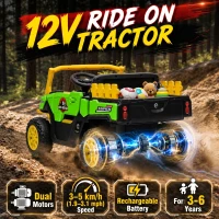 Qaba Kids Ride On Tractor, 12V Electric Tractor with Remote Control, Dual Motors, Music, Cargo Bed, Rear Suspension, Green(m-4)