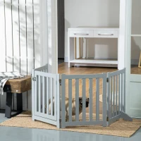 PawHut 23.5"H Foldable Dog Gate with Door, 4 Panels Freestanding Pet Gate Barriers Indoor with Support Feet, Puppy Fence for Dogs, Grey(m-1)