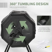 Outsunny 43 Gallon (160L) Tumbling Compost Bin Outdoor Dual Chamber 360° Rotating Composter with Sliding Doors, Solid Steel Frame and Gloves, Black(m-5)
