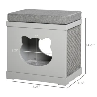 PawHut Wooden Cat Bed Cube House with Soft Padded Cushions, 2 Exterior Scratching Boards, & Interior Space, Grey(m-3)