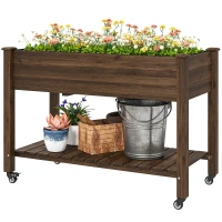 Outsunny Mobile Raised Garden Bed Elevated Wood Planter Box with Lockable Wheels, Storage Shelf for Herbs Vegetables, Carbonized(m-2)