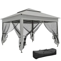 Outsunny 11' x 11' Pop Up Canopy 2-Tier Soft Top Shelter Event Tent w/ Netting Carry Bag for Patio Backyard Garden, Light Grey(m-9)