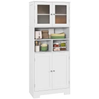 HOMCOM 57" Kitchen Pantry, Freestanding Pantry Storage Cabinet with Glass Doors, Adjustable Shelves, Open Compartments, White(m-9)