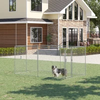 PawHut Dog Kennel Outdoor Galvanized Chain Link Fence Heavy Duty Pet Run House Chicken Coop with Secure Lock Mesh Sidewalls for Backyard Garden Silver, 13' L x 7.5' W x 5.9' H(m-9)