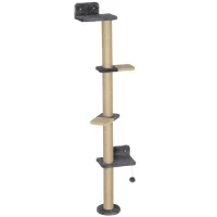 PawHut Cat Wall Shelves, Cat Wall Furniture with 4 Platforms, Jute Scratching Post for Indoor Playing, Climbing, Dark Grey(m-2)