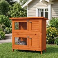 PawHut 2-Tier Wooden Rabbit Hutch Small Animal House Bunny Pet Cage with 2 Main Rooms, Sliding Tray, Opening Top, Yellow(m-8)