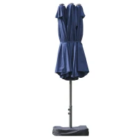 Outsunny 15' Outdoor Patio Umbrella with Twin Canopy Sunshade Steel Table Umbrella w/ Lift Crank, Cross base, Sandbag, Dark Blue(m-2)
