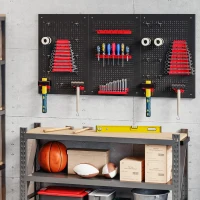 HOMCOM 28 Piece Metal Peg Board with Accessories, Shelf Tool Organizer, Black and Red(m-8)