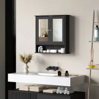 kleankin Medicine Cabinet, Wall-Mounted Medicine Cabinet with Mirror with Double Doors, Open Shelf, and Adjustable Shelf, Modern Bathroom Wall Cabinet, Black(m-8)