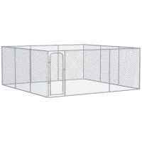 PawHut Dog Kennel Outdoor Galvanized Chain Link Fence Heavy Duty Pet Run House Chicken Coop with Secure Lock Mesh Sidewalls for Backyard Garden Silver, 15' L x 15' W x 5.9' H(m-1)