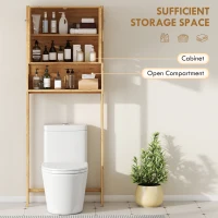 HOMCOM Over The Toilet Storage Shelf, Bathroom Organizer with 2 Doors, Open Compartment and Adjustable Shelf, Natural(m-4)