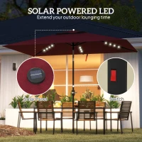 Outsunny 6' x 10' Patio Umbrella with 22 LED Solar Lights and Tilt, Rectangular Outdoor Table Umbrella with Crank, Wine Red(m-4)