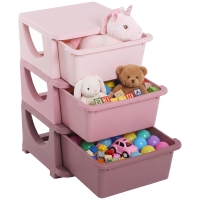 Qaba 3 Drawers Kids Storage Unit, 3 Tier Stackable Toy Organizers and Storage Chest for Bedroom, Nursery, Playroom, Pink