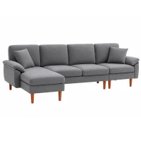 HOMCOM L-Shape Sofa, Modern Sectional Couch with Changeable Chaise Lounge, Pillows and Wooden Legs for Living Room, Dark Grey(m-9)