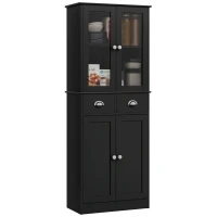 HOMCOM 61" Kitchen Pantry Cabinet, Freestanding Farmhouse Buffet Storage Cabinet with Soft Close Glass Doors and Adjustable Shelves, Black(m-9)