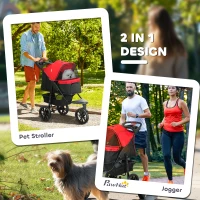 PawHut 3 Wheel Folding Dog Stroller, Travel Carrier with Adjustable Canopy, Storage Brake, Mesh Window for S&M Dogs, Red(m-5)